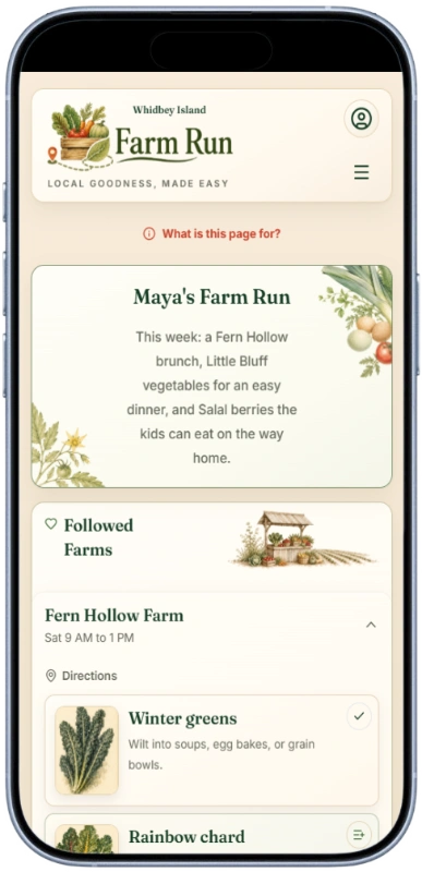 Farm Run local food planning app shown on a mobile phone