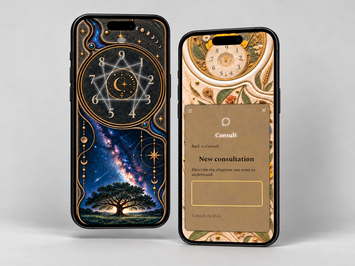 Two Relic phone mockups: a celestial theme with a gold Enneagram diagram, and a floral theme showing the New consultation panel.