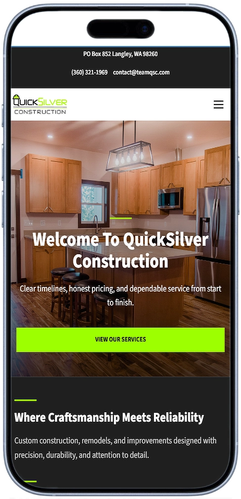 QuickSilver Construction website shown on a mobile phone
