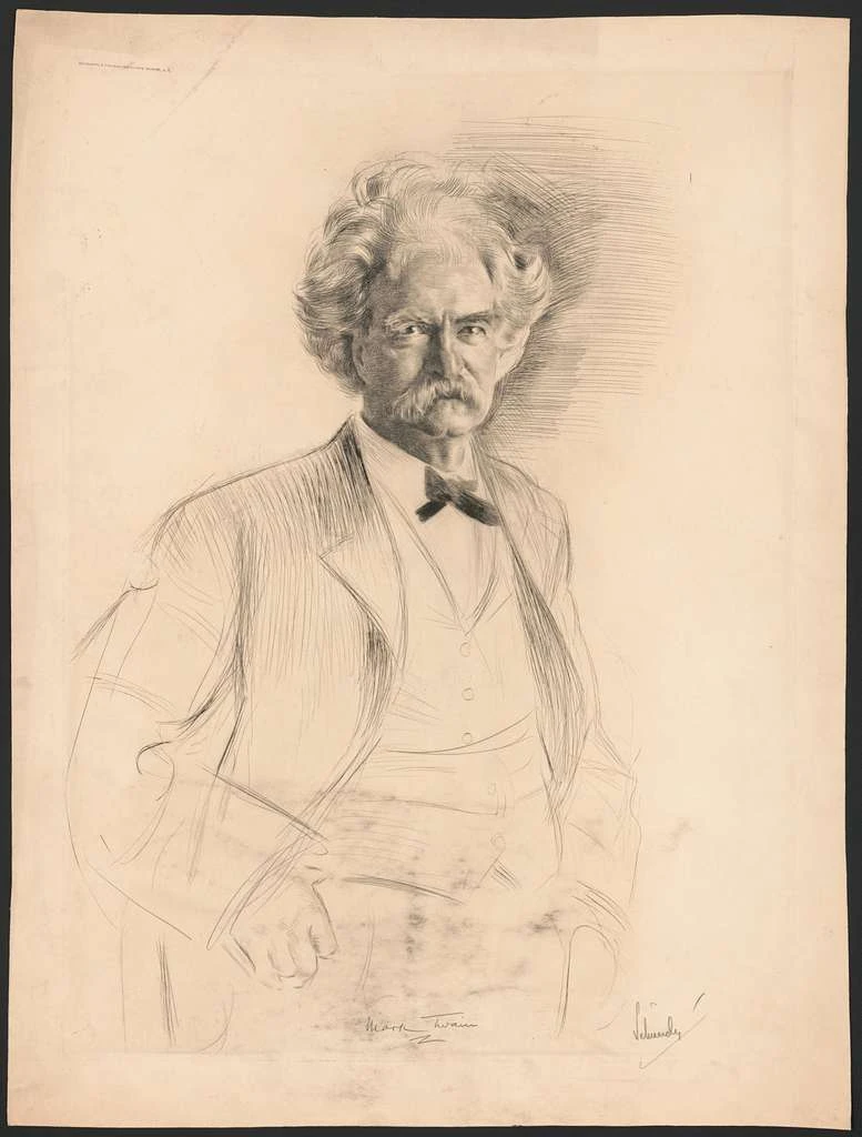 Full-length portrait drawing of Mark Twain standing with one hand in his pocket.