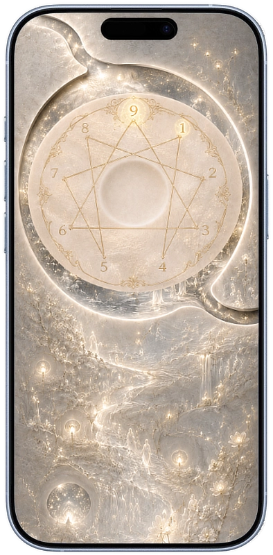 Relic mobile screen with a luminous, ivory Enneagram pattern above a glowing landscape.
